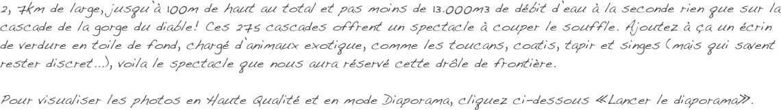 2, 7km de large, jusqu’à 100m de haut au total et pas moins de 13.000m3 de débit d’eau à la seconde rien que sur la cascade de la gorge du diable! Ces 275 cascades offrent un spectacle à couper le souffle. Ajoutez à ça un écrin de verdure en toile de fond, chargé d’animaux exotique, comme les toucans, coatis, tapir et singes (mais qui savent rester discret...), voila le spectacle que nous aura réservé cette drôle de frontière. 

Pour visualiser les photos en Haute Qualité et en mode Diaporama, cliquez ci-dessous «Lancer le diaporama».
