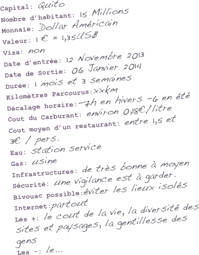 Capital: Quito
Nombre d’habitant: 15 Millions
Monnaie: Dollar Américain
Valeur: 1 € = 1,35US$
Visa: non 
Date d’entrée: 12 Novembre 2013
Date de Sortie: 06 Janvier 2014
Durée: 1 mois et 3 semaines
Kilomètres Parcourus:xxkm
Décalage horaire:-7h en hivers -6 en été 
Cout du Carburant: environ 0,18€/litre
Cout moyen d’un restaurant: entre 1,5 et 3€ / pers.
Eau: station service
Gaz: usine
Infrastructures: de très bonne à moyen
Sécurité: une vigilance est à garder.
Bivouac possible:éviter les lieux isolés
Internet:partout
Les +: le cout de la vie, la diversité des sites et paysages, la gentillesse des gens
Les -: le...
